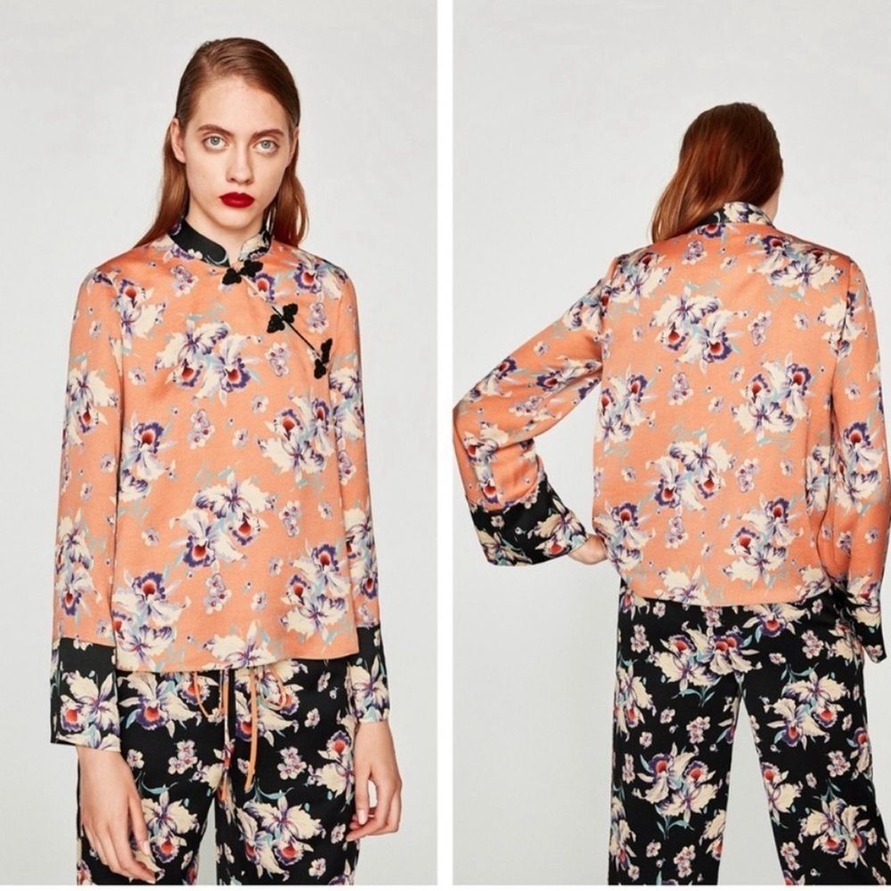 Zara Trafaluc Collection Asian Floral Silky Blouse Bell Sleeves Medium